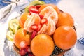 Fresh fruit, orange and strawberry sliced Ã¢â¬â¹Ã¢â¬â¹on picnic Royalty Free Stock Photo